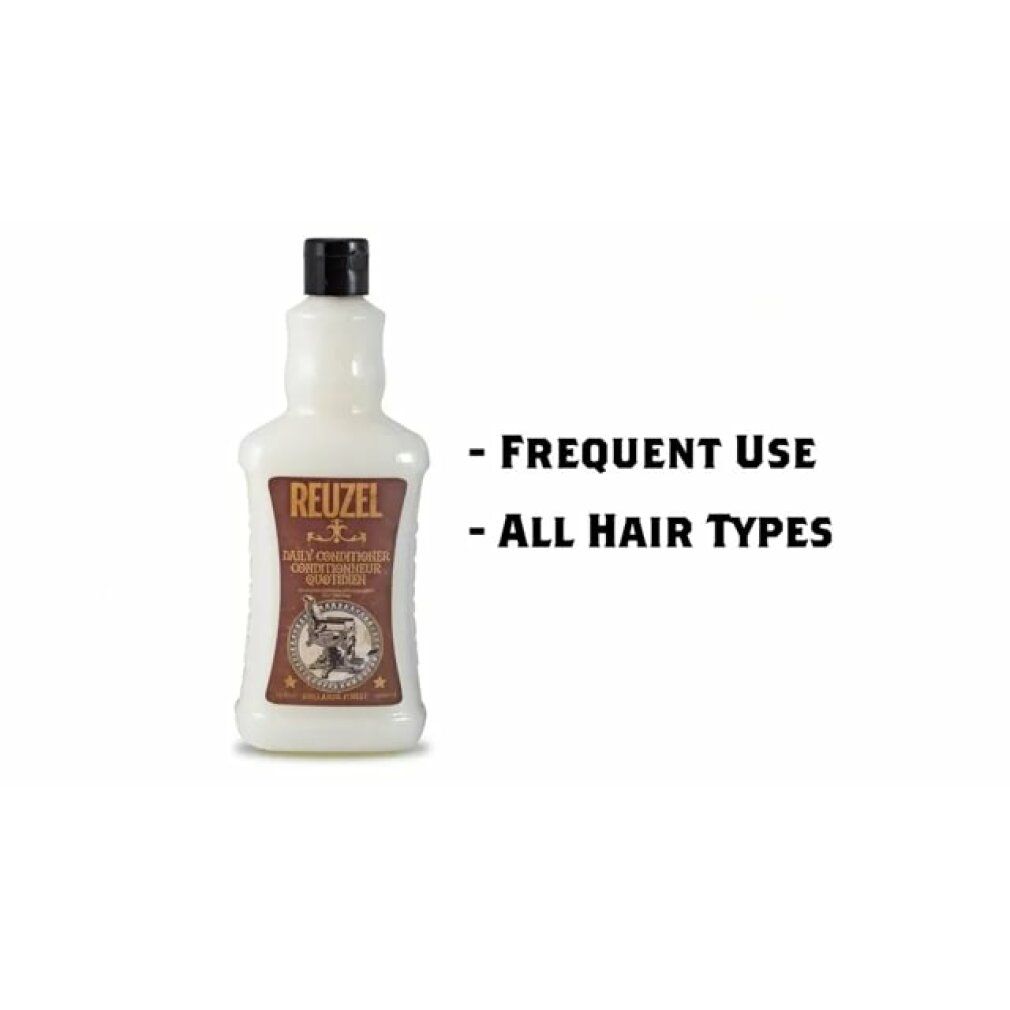 Flacone di Reuzel Daily Conditioner. Prodotto bianco con etichetta marrone e tappo nero. Testo: Daily Conditioner. Testo aggiuntivo: Frequent Use, All Hair Types.
