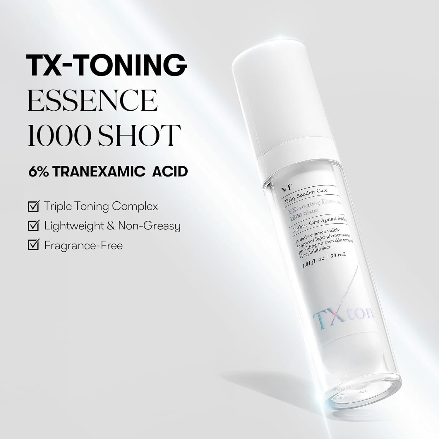 Flacone del prodotto con tappo bianco. Testo: TX-Toning Essenz 1000 Shot, 6% acido tranexamico. Caratteristiche: Triple Toning Complex, leggero, non grasso.