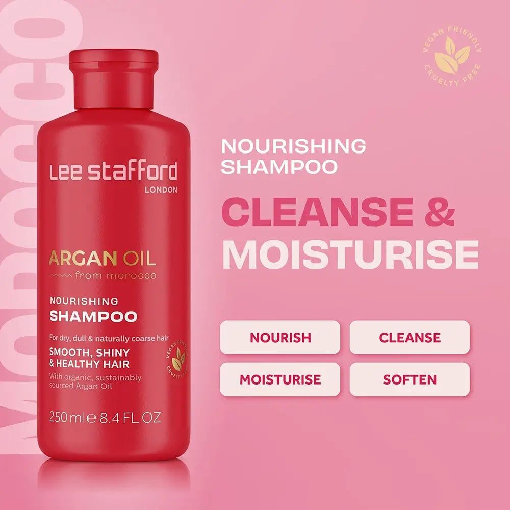 Flacone di shampoo rosso con scritta: Lee Stafford, Argan Oil, Shampoo. Testo: Cleanse & Moisturise. Vegan Friendly, Cruelty Free.
