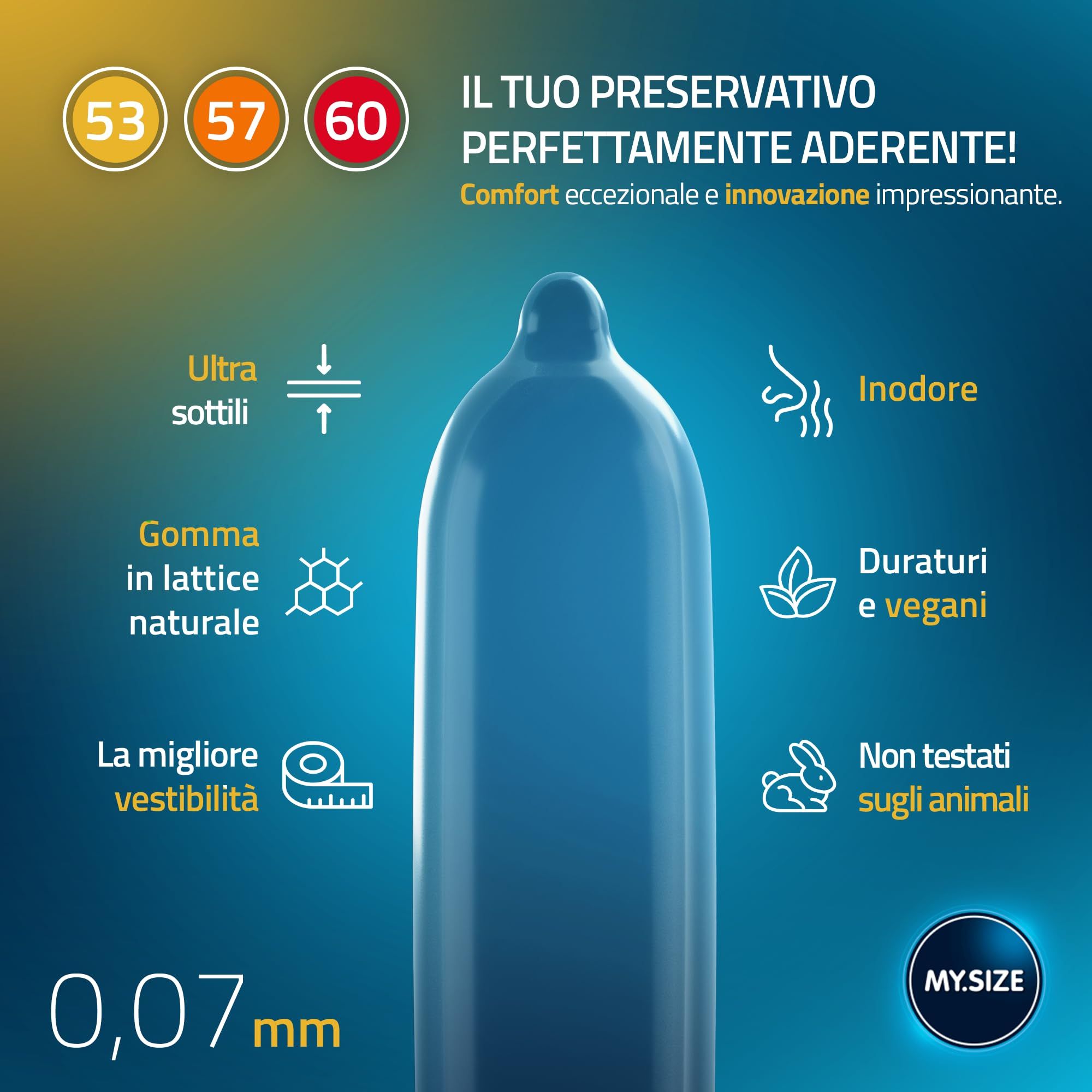 Preservativo blu MY.SIZE con icone: sottile, lattice, vestibilità, inodore, vegano, non testato su animali.