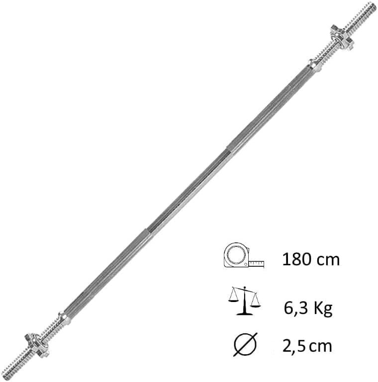 Bilanciere argentato con filettatura e dadi a stella. Dimensioni indicate: 180 cm di lunghezza, 6,3 kg di peso, 2,5 cm di diametro.