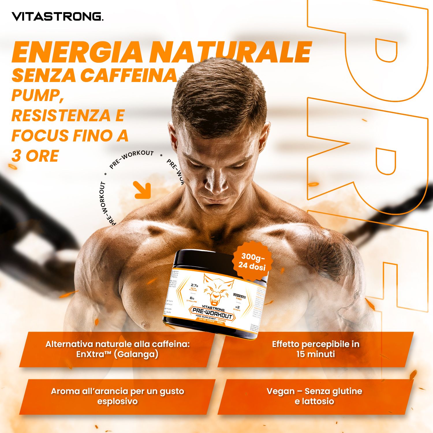 Barattolo nero con etichetta bianca. Testo: Energia Naturale, Senza Caffeina, Pre-Workout. Uomo muscoloso sullo sfondo.