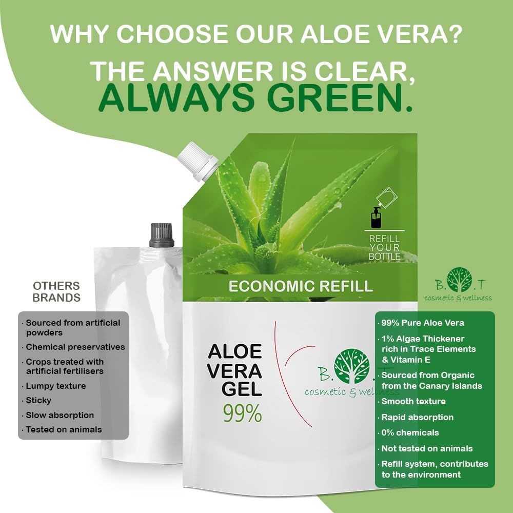 Gel all'aloe vera 99% in ricarica e flacone. Testo: Perché la nostra aloe vera? La risposta è verde. Vantaggi: 99% aloe vera pura.