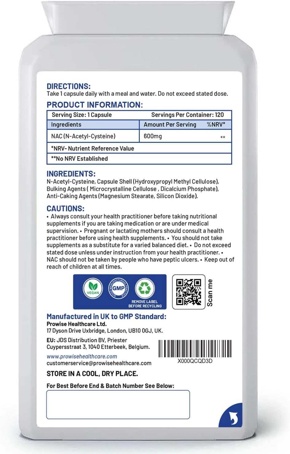 Retro del flacone di capsule Prowise NAC (N-Acetil-Cisteina). Contiene informazioni su ingredienti, dosaggio e precauzioni.