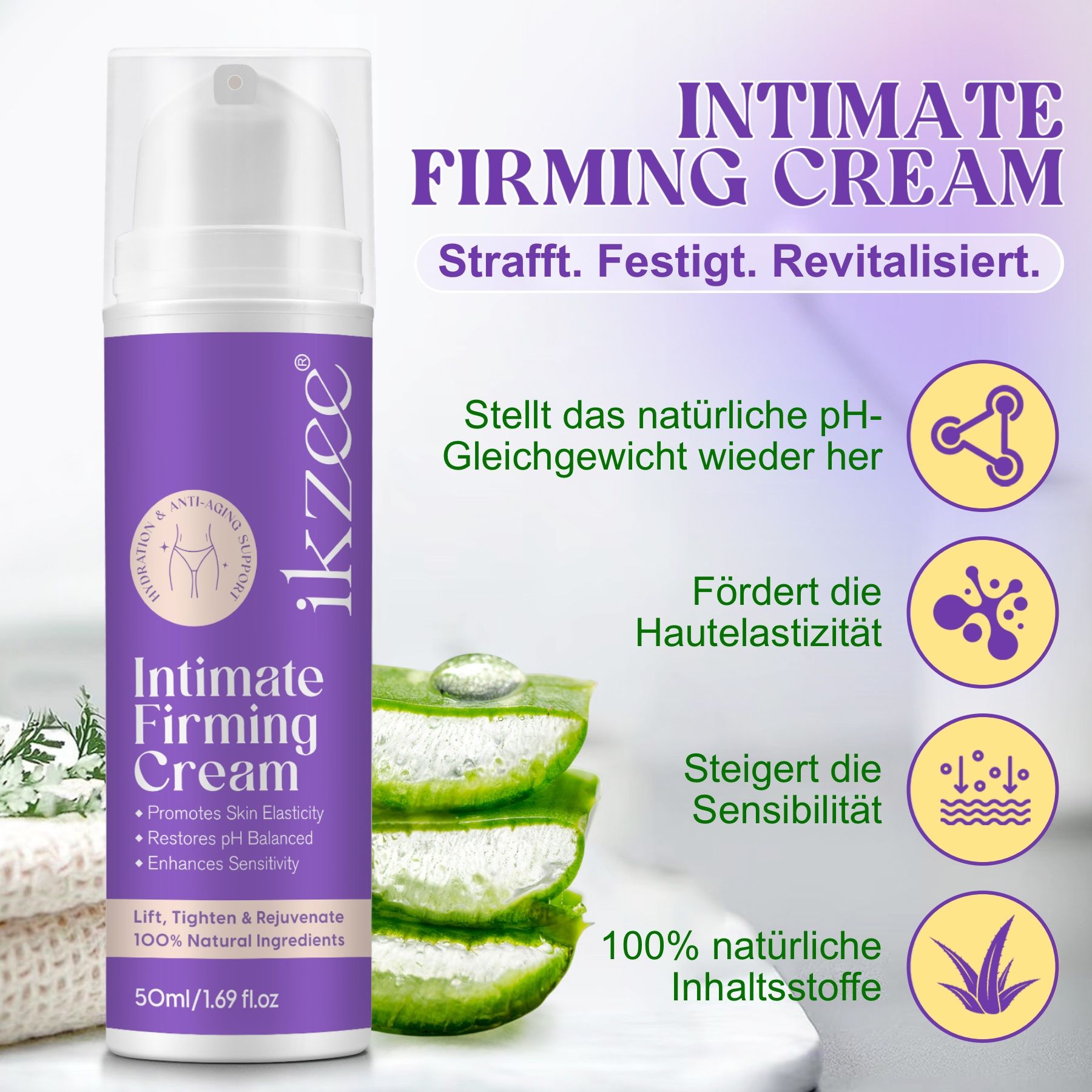 Flacone di crema intima, viola e bianco, con nome e logo del prodotto. Aloe vera e icone. Scritta: Intimate Firming Cream. 50ml/1.69 fl.oz.