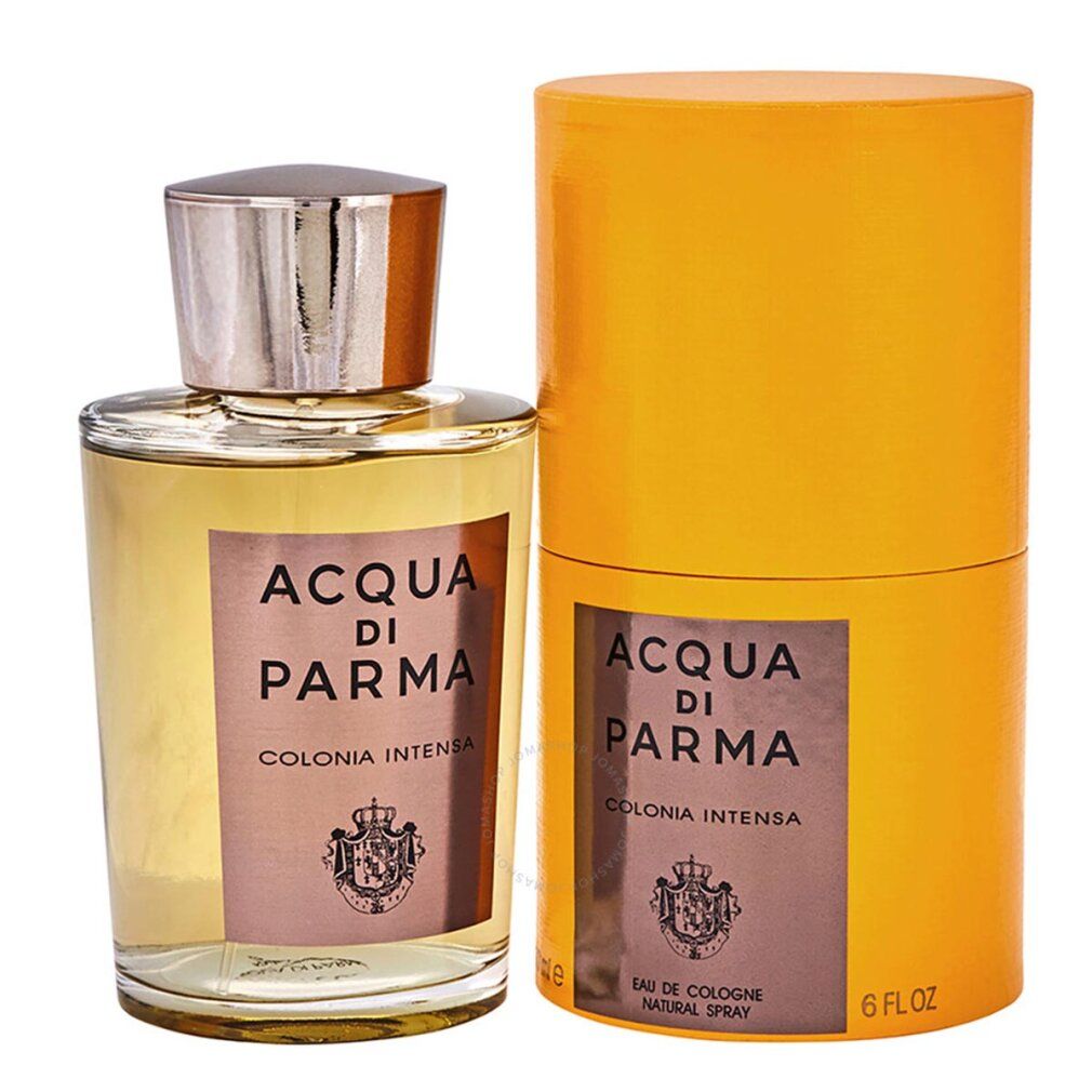 Flacone in vetro e confezione cilindrica. Scritta: Acqua di Parma Colonia Intensa. Etichetta con stemma.