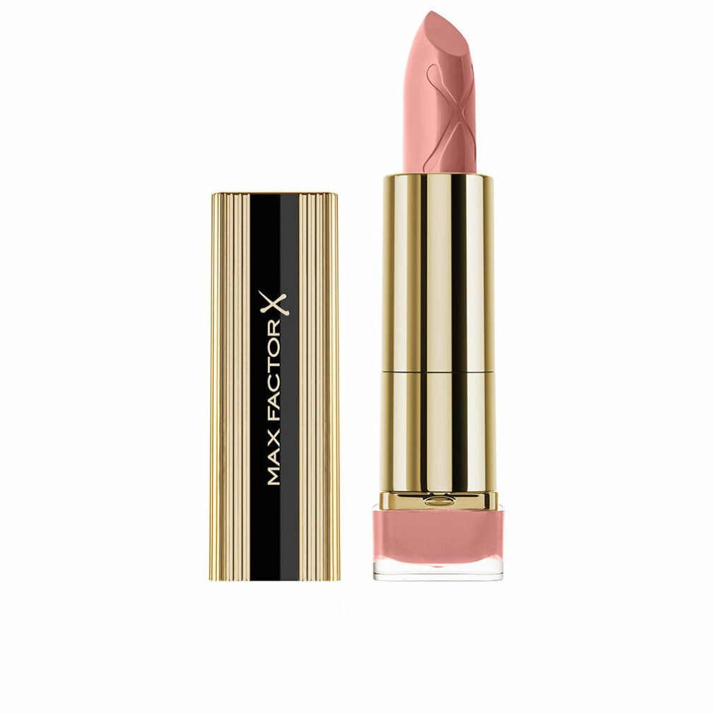 Rossetto rosa chiaro in astuccio dorato aperto. Punta del rossetto con motivo. Scritta nera e dorata: MAX FACTOR X.