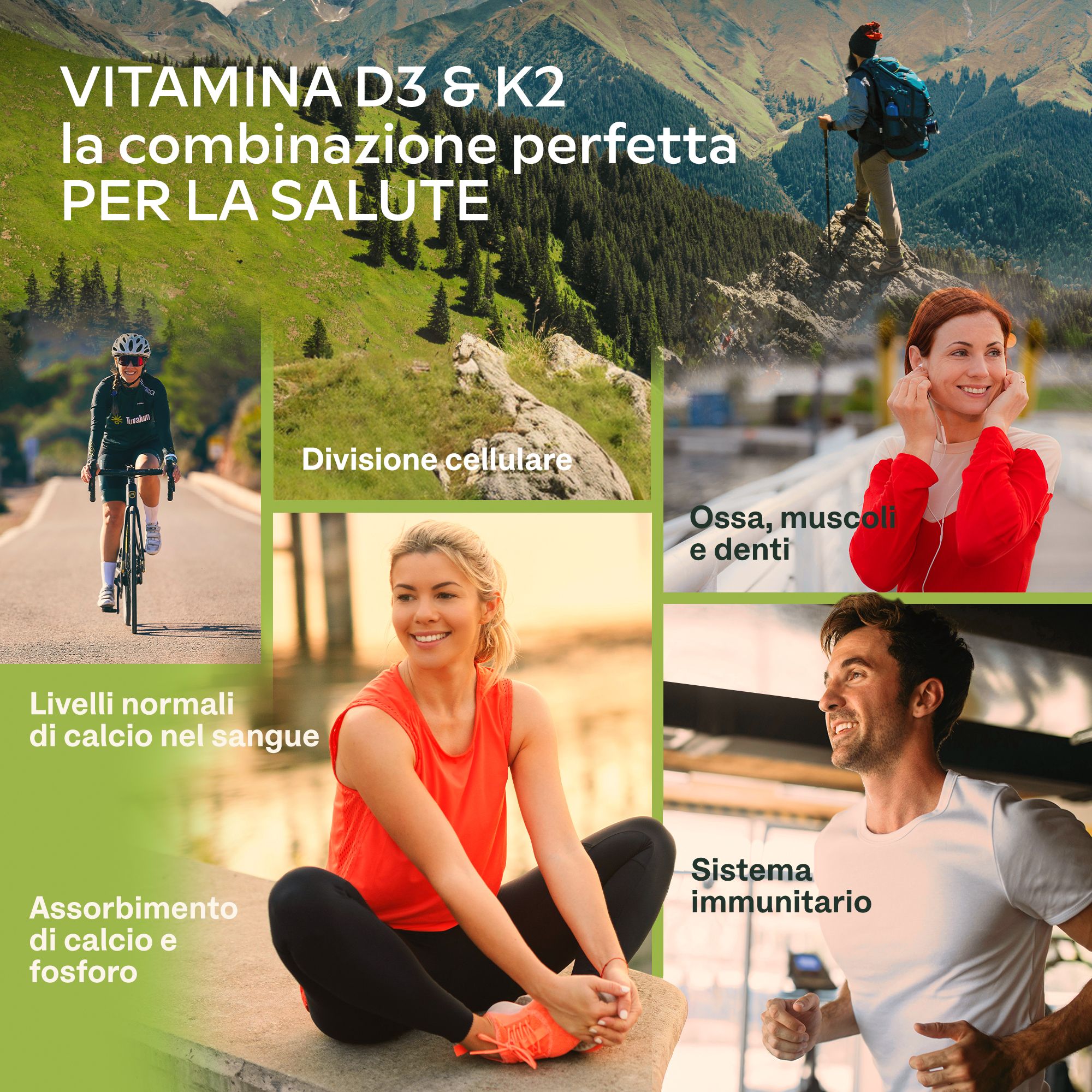 Flacone trasparente con capsule. Scritta AAVALABS, Vitamina D3 + K2. 2000 UI D3, 100 µg K2.