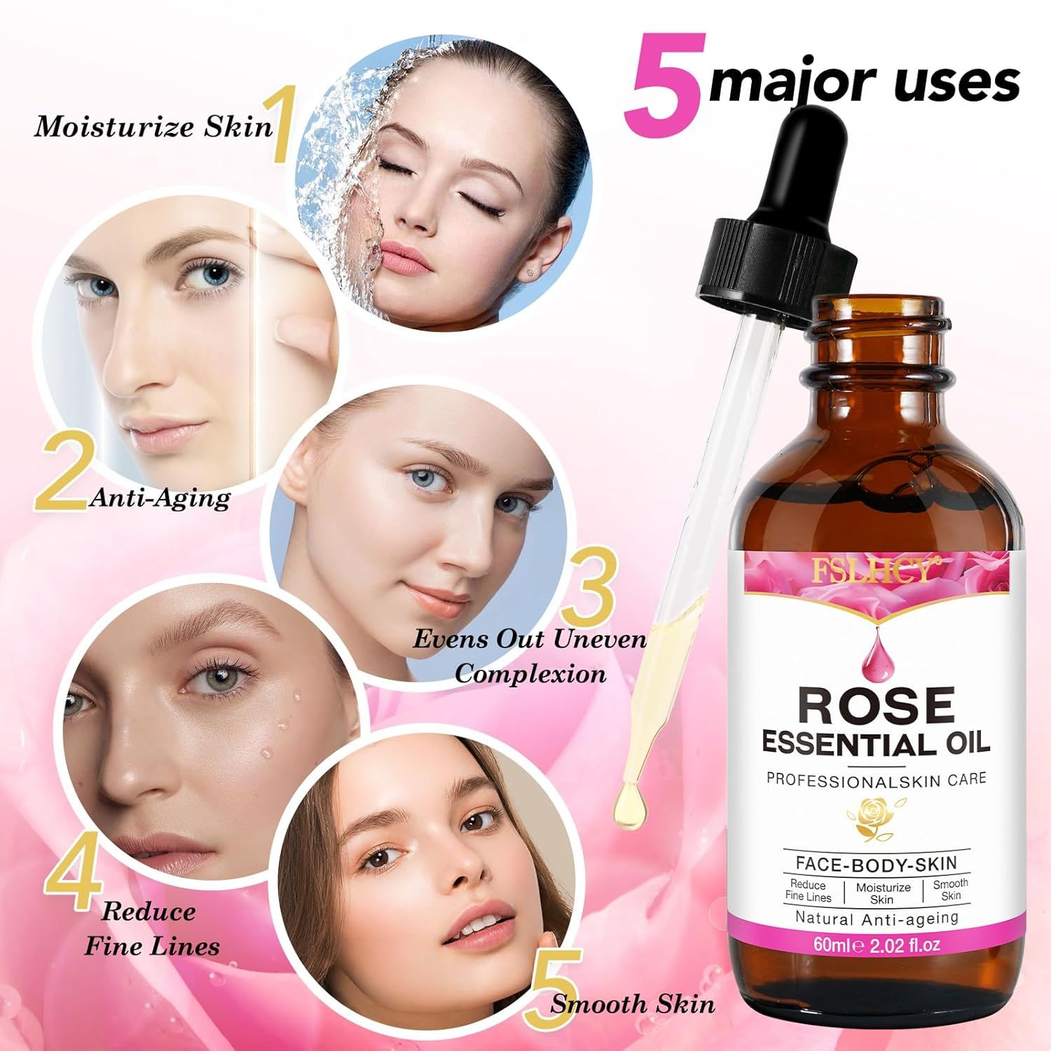 Flacone di vetro marrone con siero e contagocce. Scritta: Rose Essential Oil. 5 usi principali illustrati.