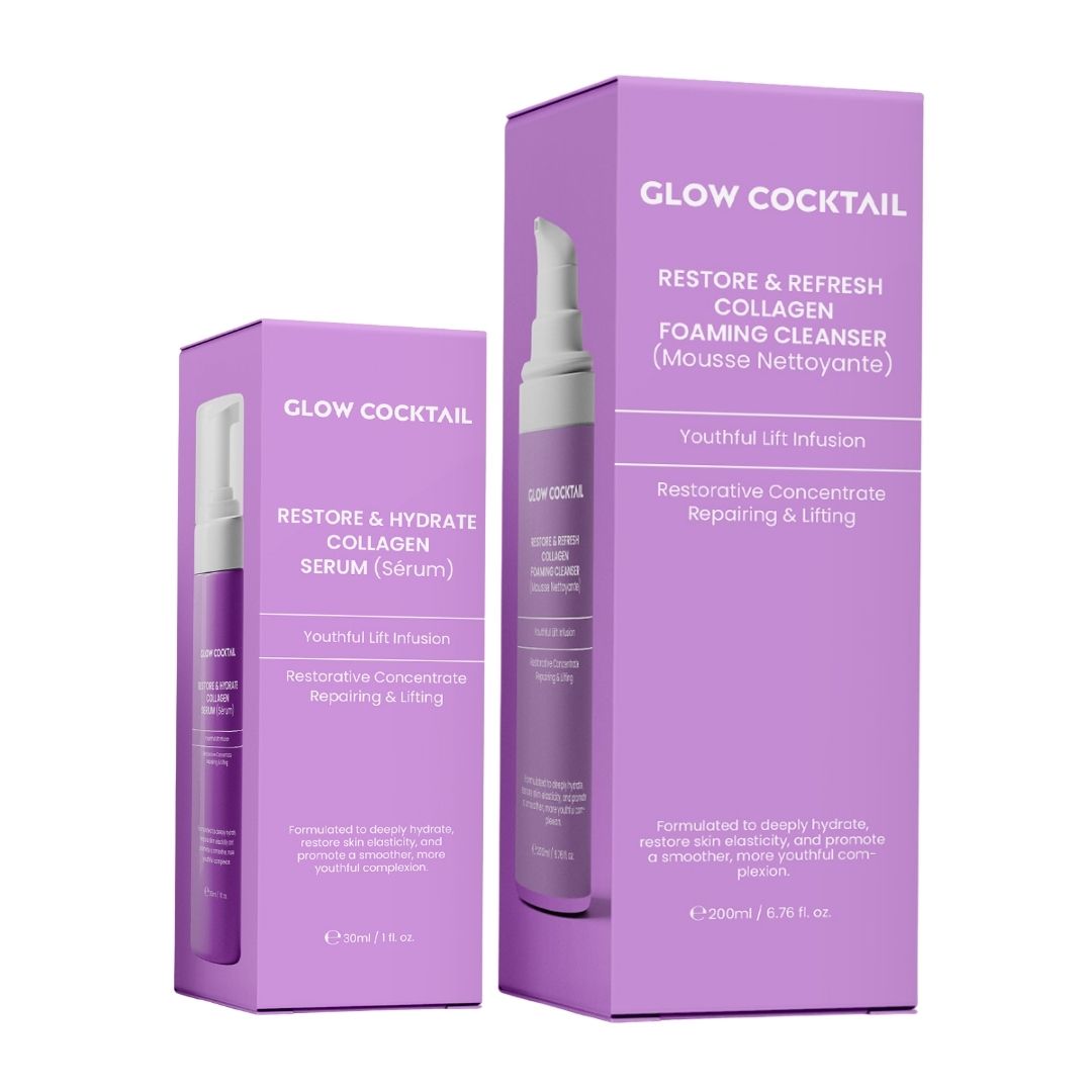 Due prodotti in confezione viola. Scritta: Glow Cocktail, Restore & Refresh Collagen Foaming Cleanser, Restore & Hydrate Collagen Serum.