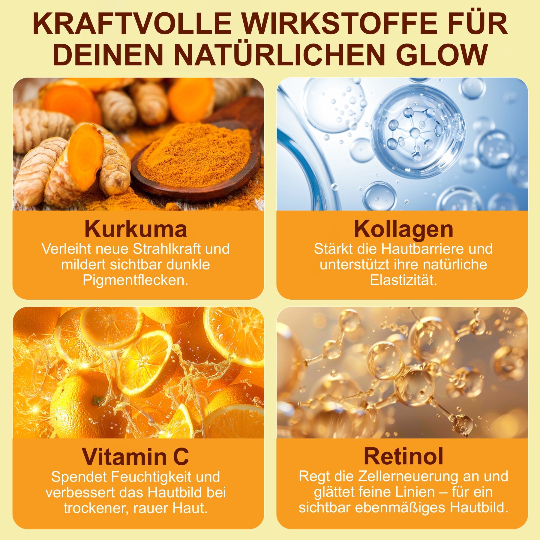 Grafica con ingredienti: curcuma, collagene, vitamina C, retinolo.