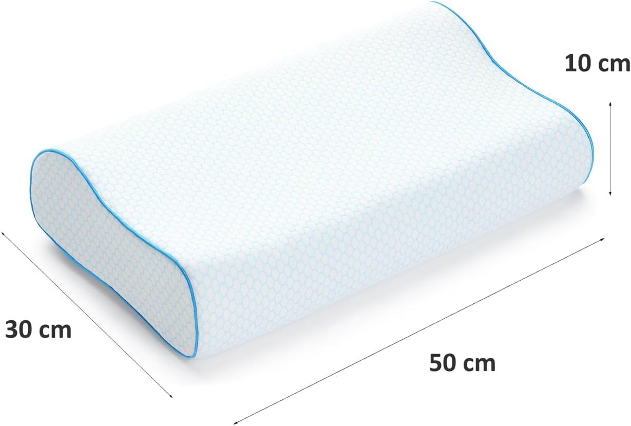 Cuscino ortopedico 30x50cm, bordi blu. Dimensioni: 30x50x10cm. Cuscino bianco ergonomico con contorno blu.