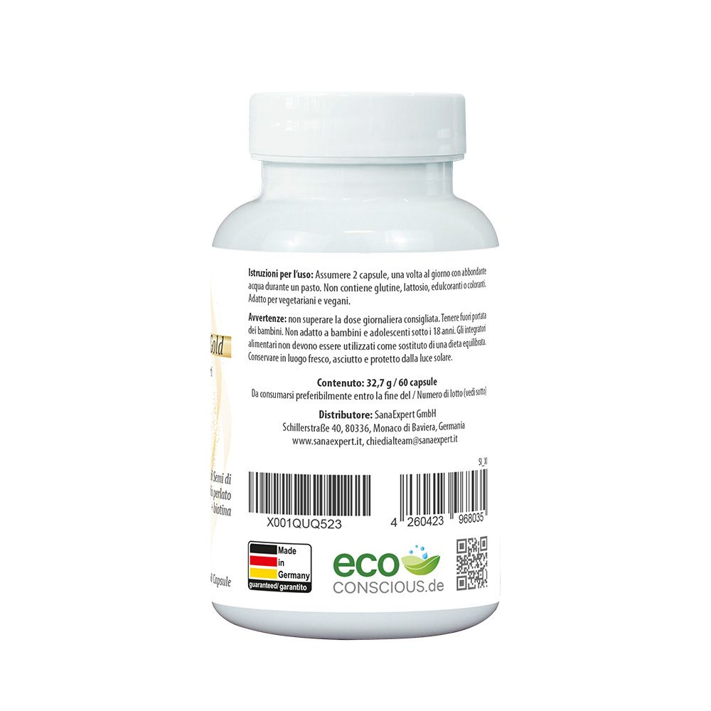 Retro del flacone bianco SanaExpert Haar Forte Gold. Istruzioni per l'uso, informazioni importanti e dettagli del produttore.