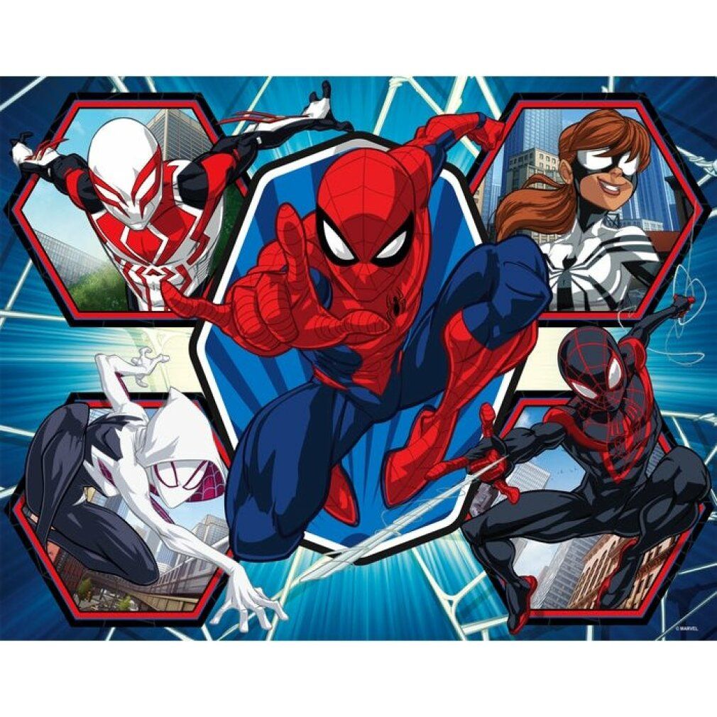 Puzzle con personaggi di Spiderman. Cinque personaggi di Spiderman in diverse pose. Sfondo con linee blu e accenti rossi.