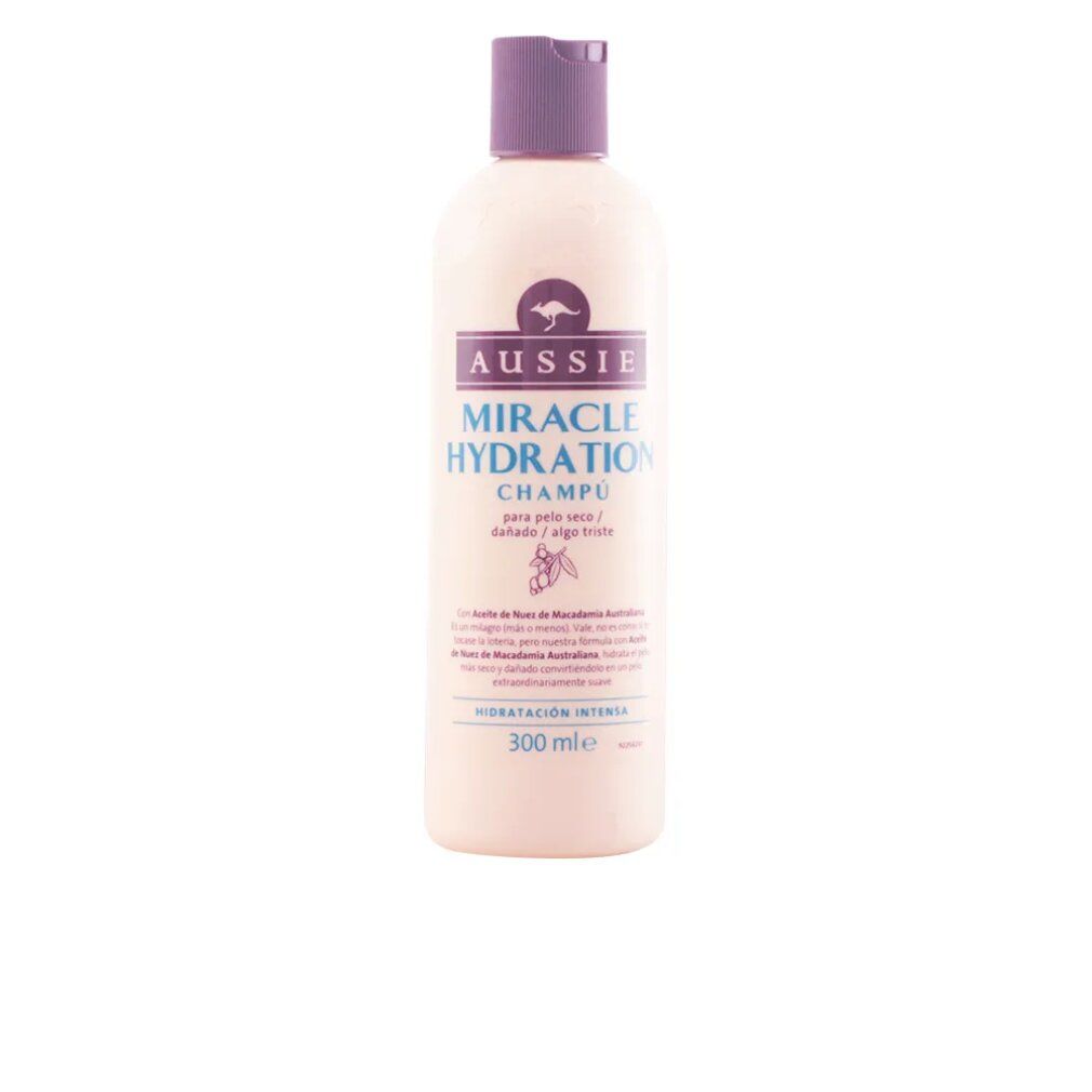 Flacone di shampoo beige con tappo viola. Scritta: Aussie Miracle Hydration Champú. 300 ml.