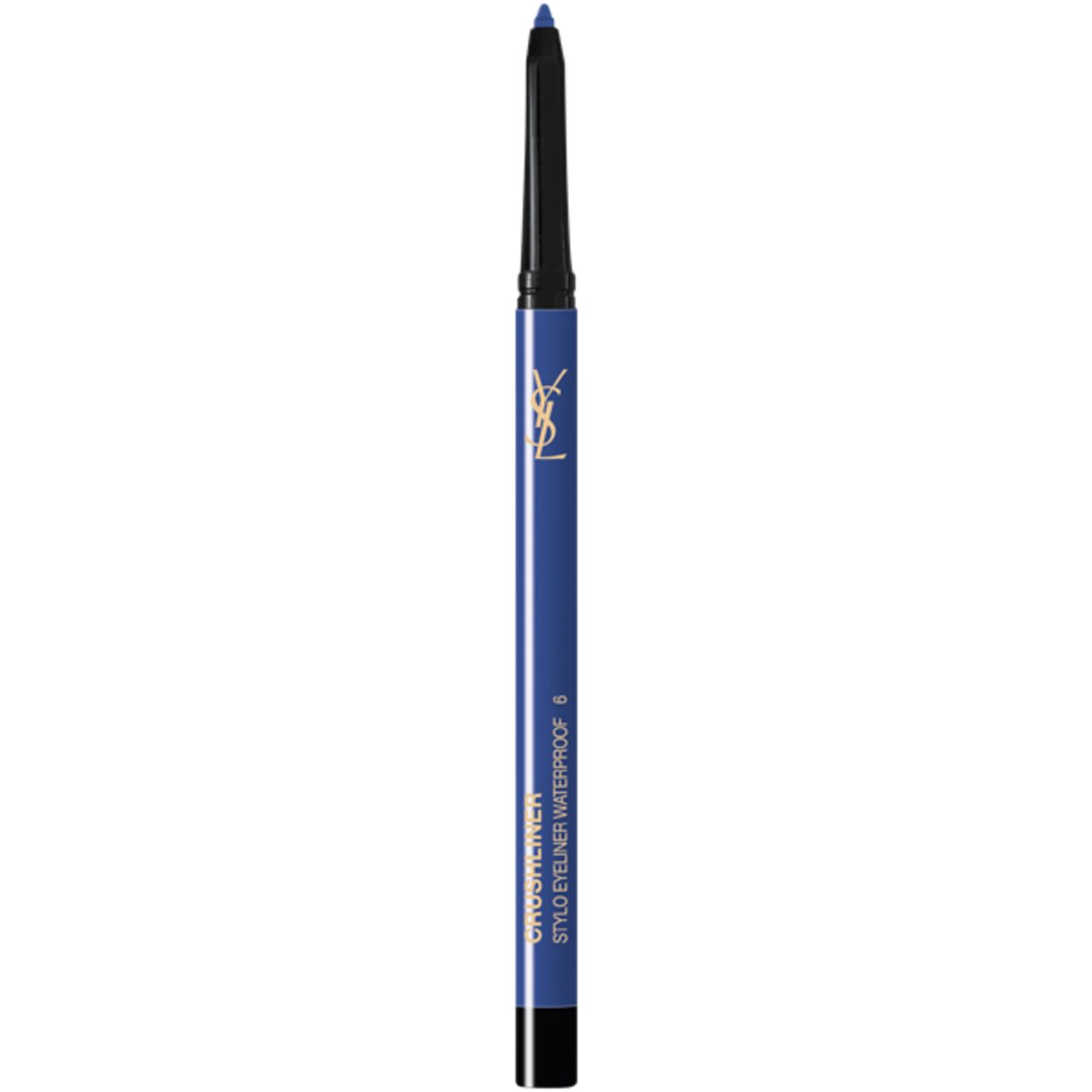Yves Saint Laurent Crushliner Stylo WP blu, punta estesa. Logo e scritta dorati.