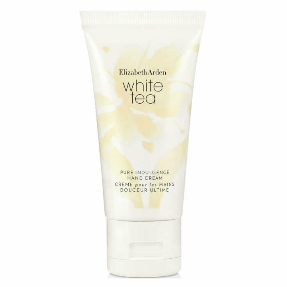 Tubo bianco di crema mani. Scritta: Elizabeth Arden White Tea, Pure Indulgence Hand Cream. Motivo floreale. Contenuto netto.