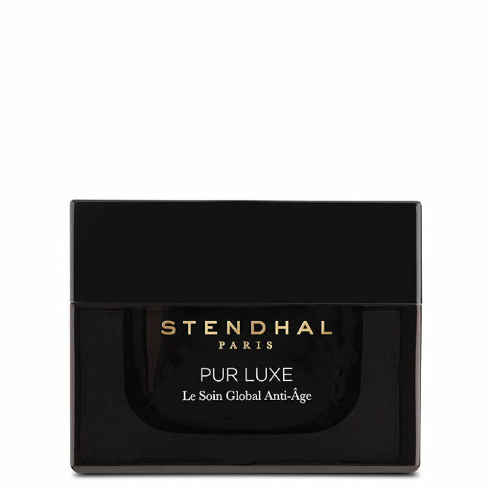 Vasetto nero con coperchio. Scritta dorata: Stendhal Paris, Pur Luxe, Le Soin Global Anti-Âge.