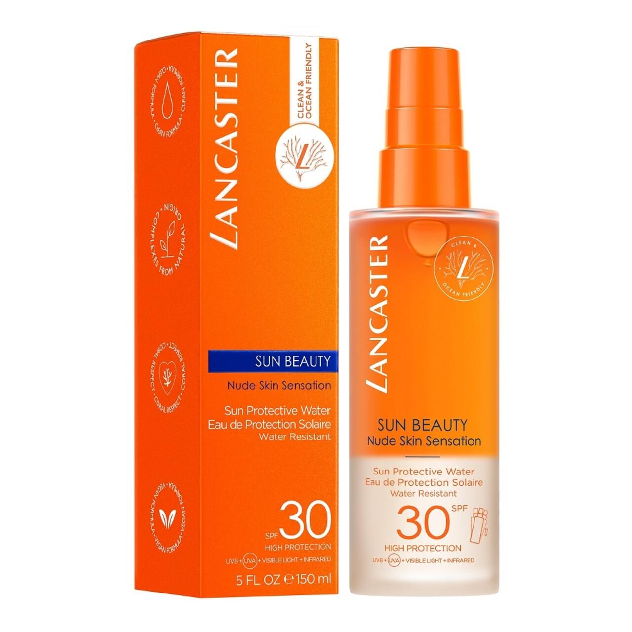 Lancaster Sun Beauty Protective Water SPF30 e confezione. Arancione. Testo: Nude Skin Sensation, SPF 30. Clean & Ocean Friendly.