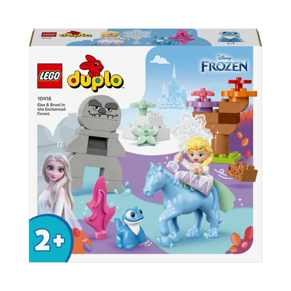 Set LEGO DUPLO. Include Elsa, Bruni, un cavallo blu, rocce grigie, piante e una confezione con il logo Frozen.