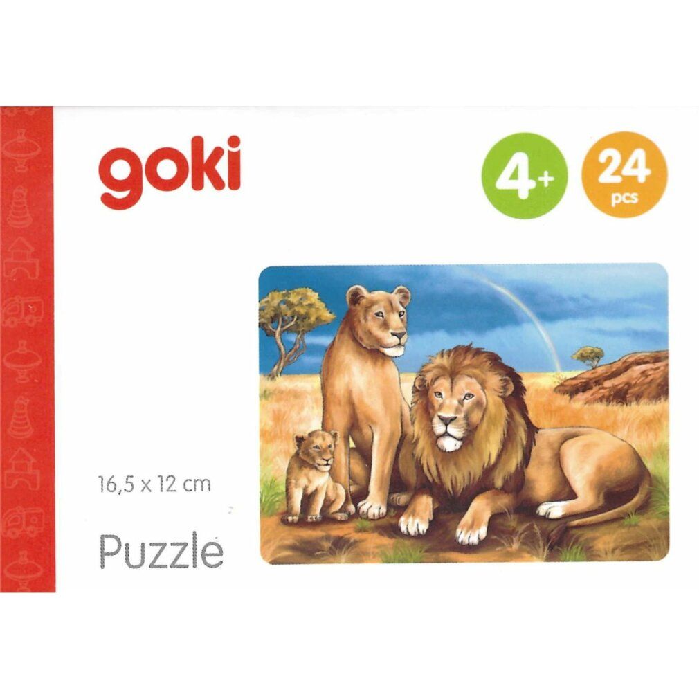 Puzzle Goki con leoni. 24 pezzi, dai 4 anni in su. Confezione con leoni nella savana. Dimensioni: 16,5 x 12 cm.