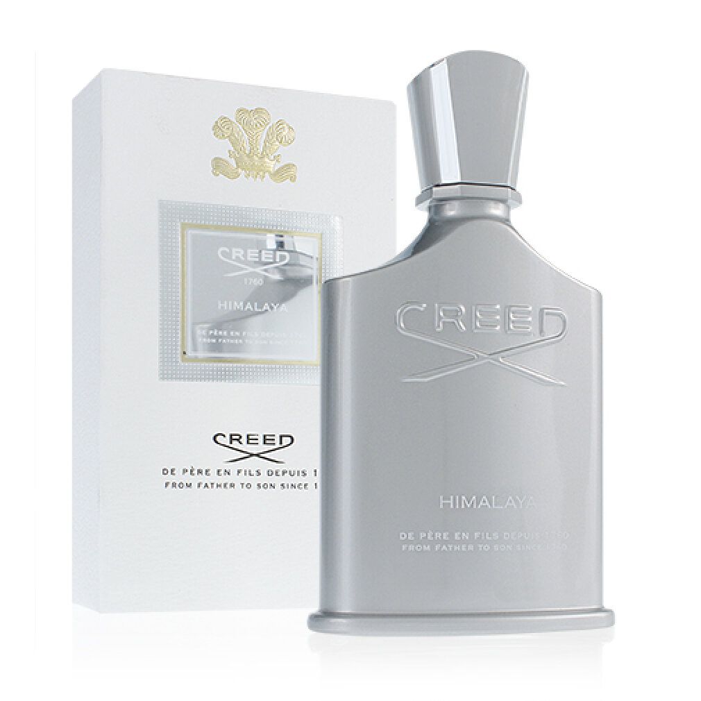 Flacone e confezione grigi. Scritta CREED HIMALAYA. Confezione con logo e testo.
