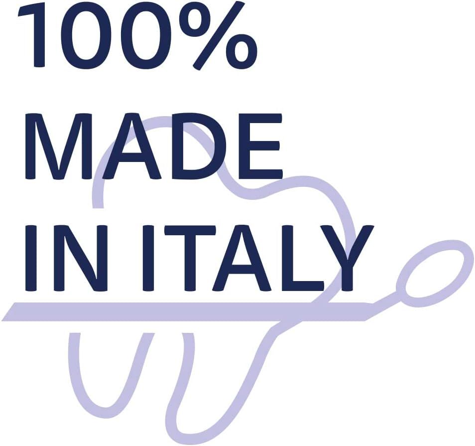 Testo: 100% MADE IN ITALY. Logo con denti. Sfondo: bianco e viola.