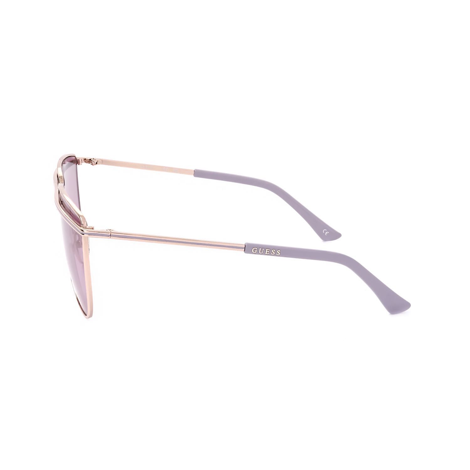 Occhiali da sole con montatura in metallo oro rosa e aste grigie. Logo "GUESS" sull'asta.