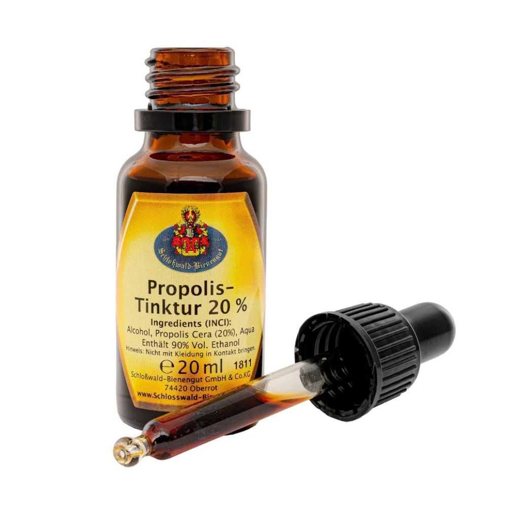 Flacone di vetro marrone con etichetta gialla. Contagocce accanto. Testo: Propolis-Tinktur 20%.