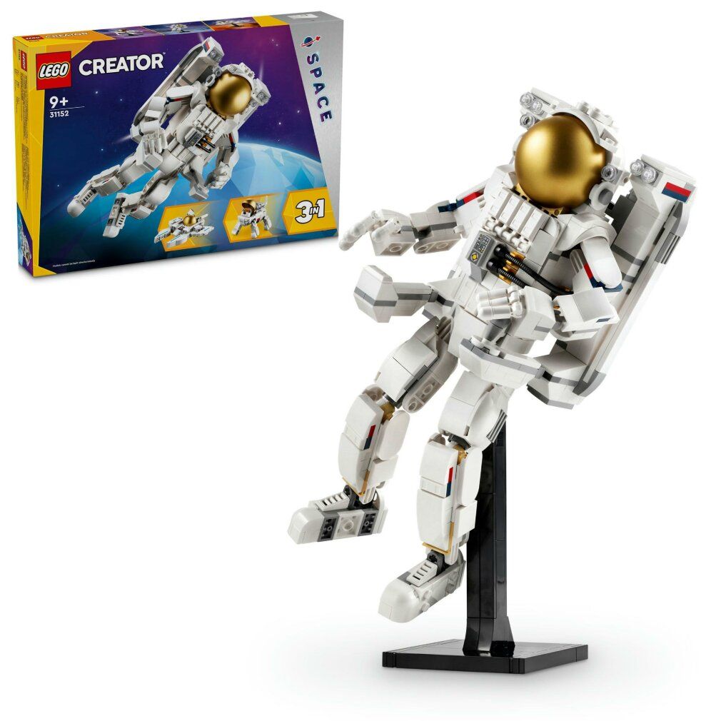 Modello LEGO Creator Astronauta. Bianco, visiera dorata. Su supporto nero. Confezione sullo sfondo. Modello 3-in-1.