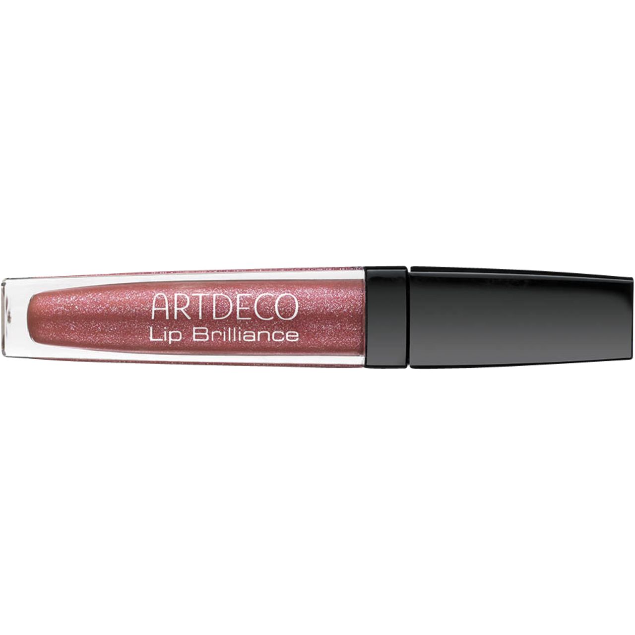 Artdeco Lip Brilliance. Tubo trasparente con contenuto rosa e tappo nero. Nome del prodotto e marchio stampati.