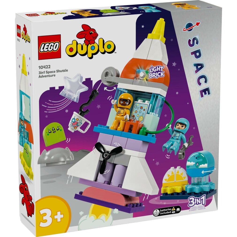 Set LEGO Duplo. Razzo con personaggi e accessori. Confezione con nome del prodotto e età consigliata 3+. Batterie incluse.