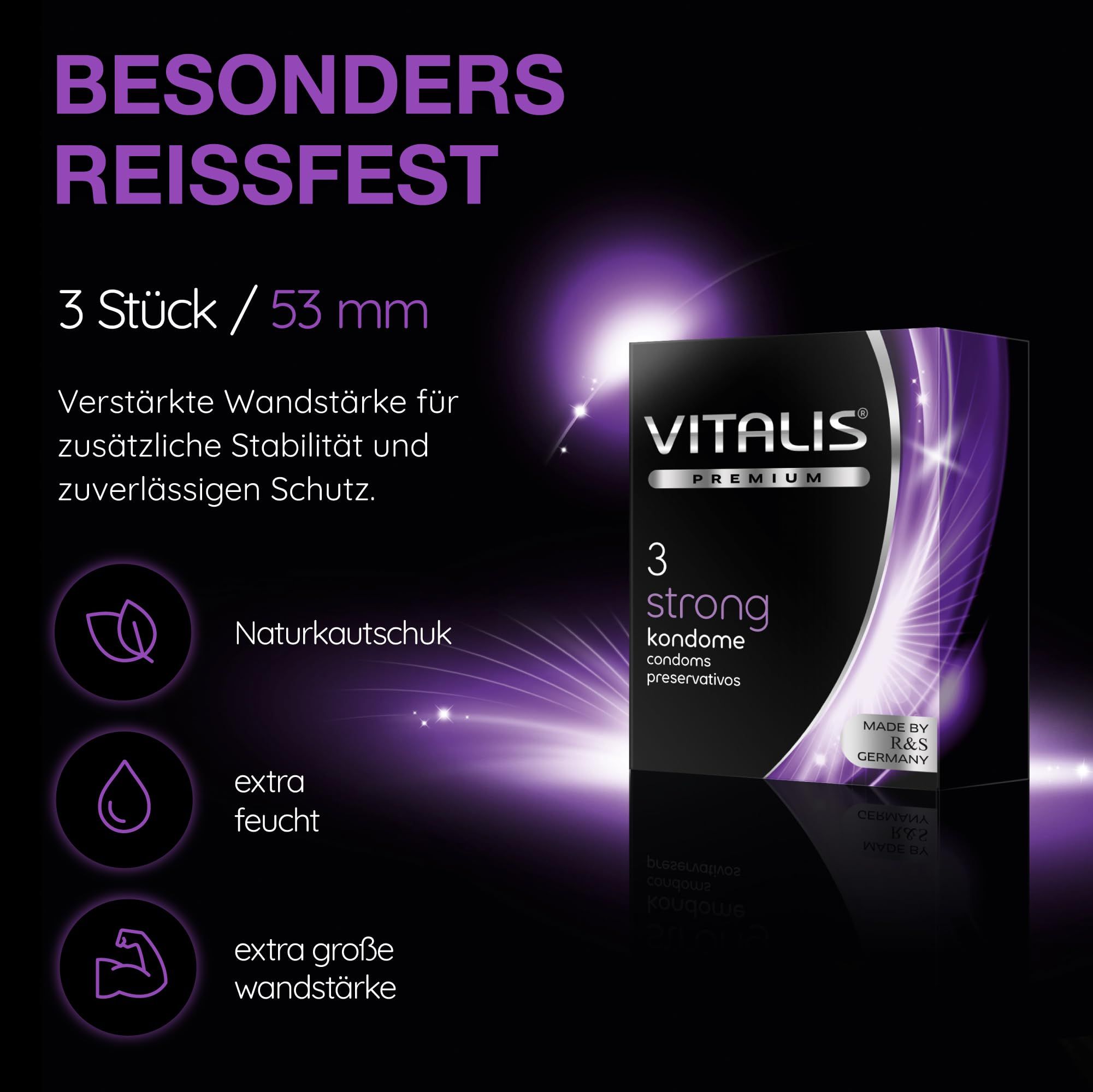Preservativi Vitalis Premium Strong: 3 pezzi, 53 mm. Resistenti, lattice naturale, extra lubrificati.