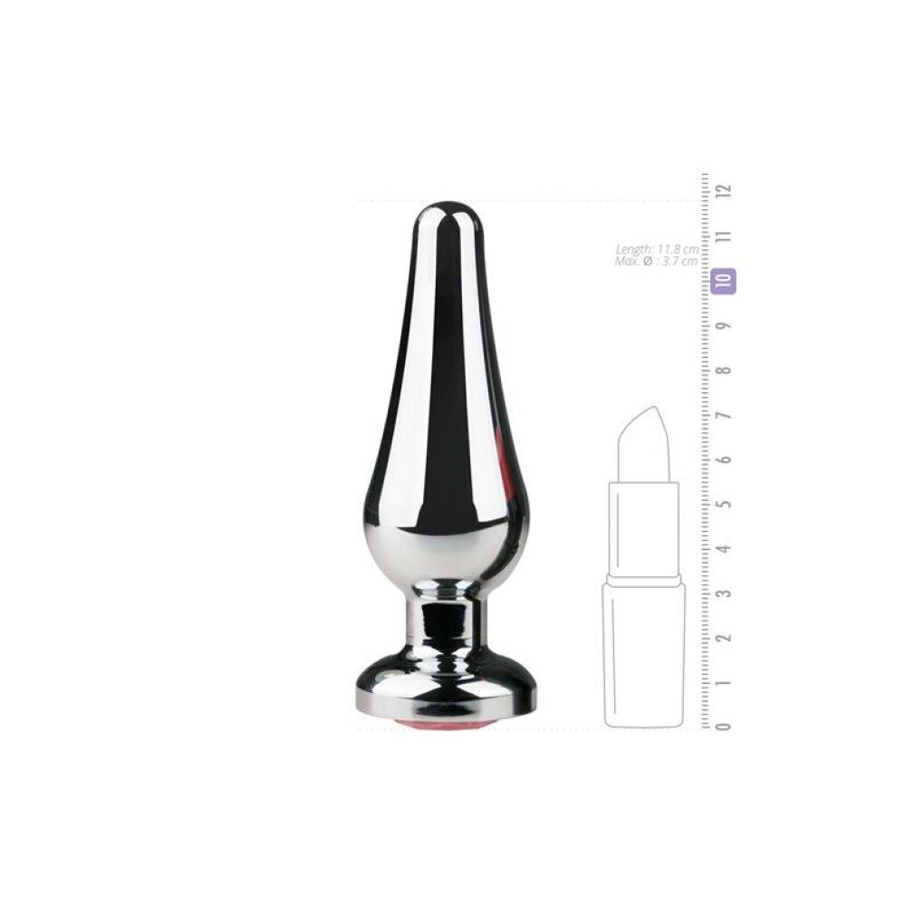 Plug anale conico in metallo argentato, pietra rossa. Dimensioni: 11,8 cm lungo, Ø 3,7 cm.