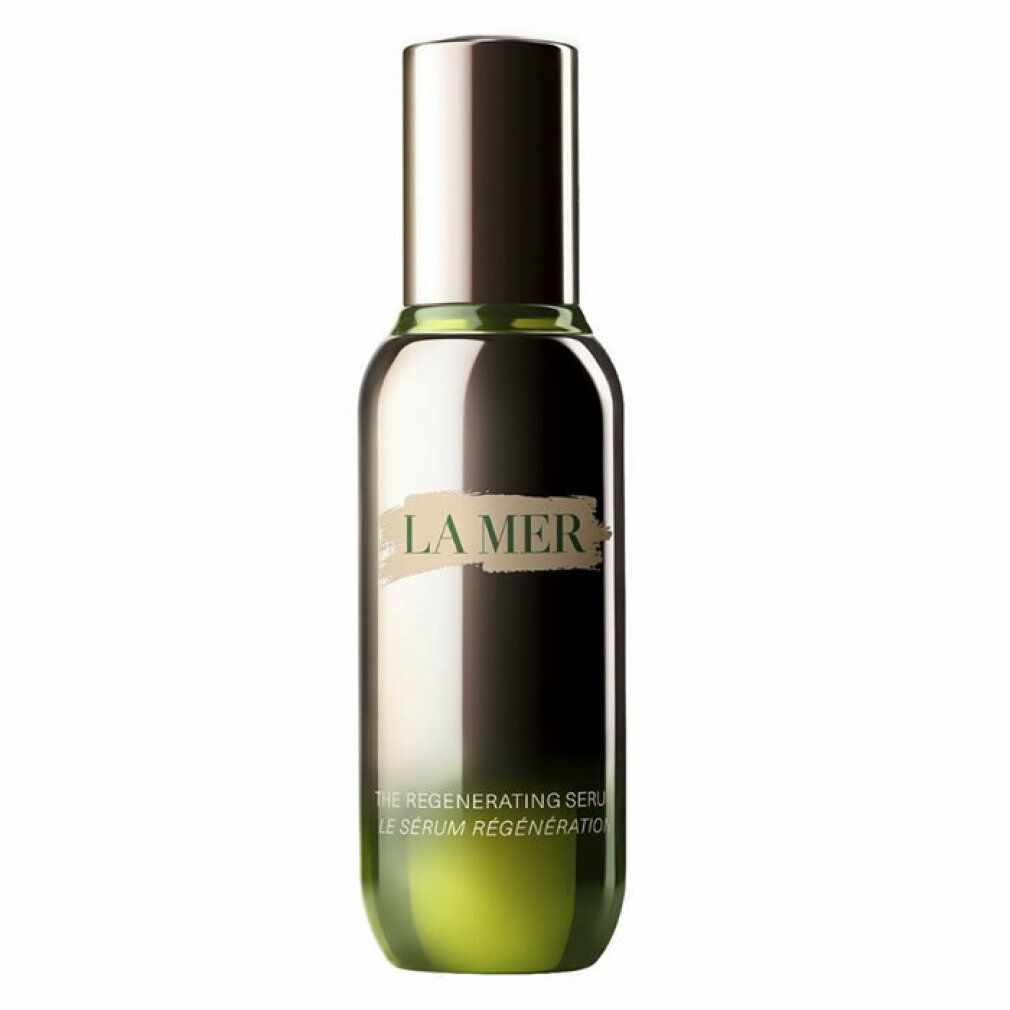 Flacone di siero. Corpo verde-oro, base nera, tappo argentato. Scritta: LA MER, THE REGENERATING SERUM.