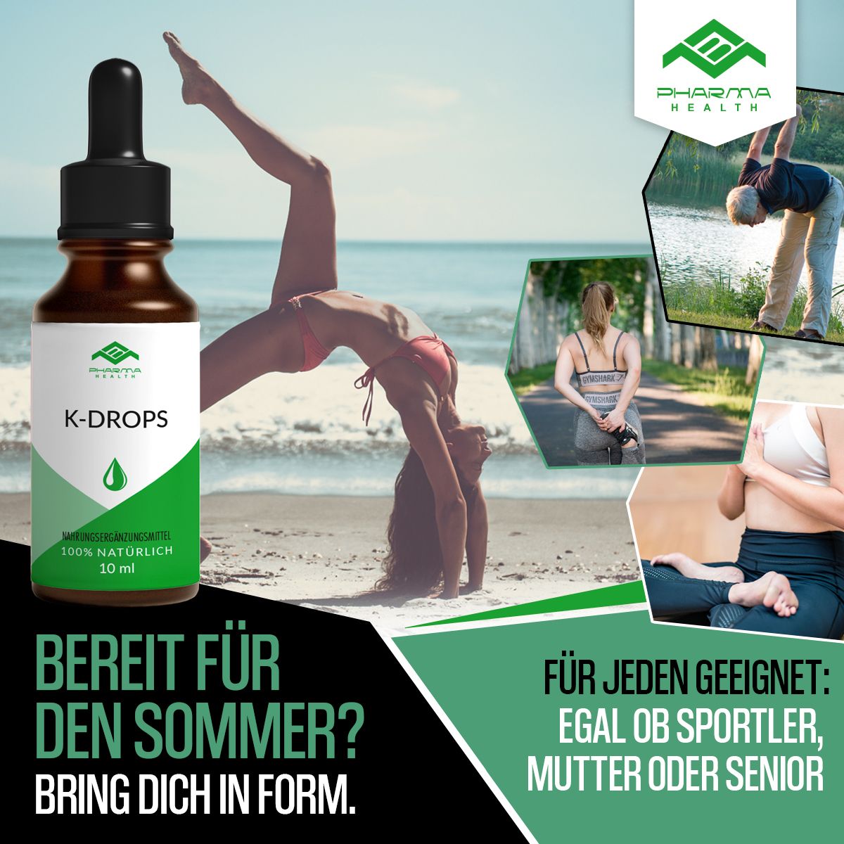 Flacone K-DROPS accanto agli atleti. Testo: Pronti per l'estate? Adatto a tutti: atleti, madri, anziani.