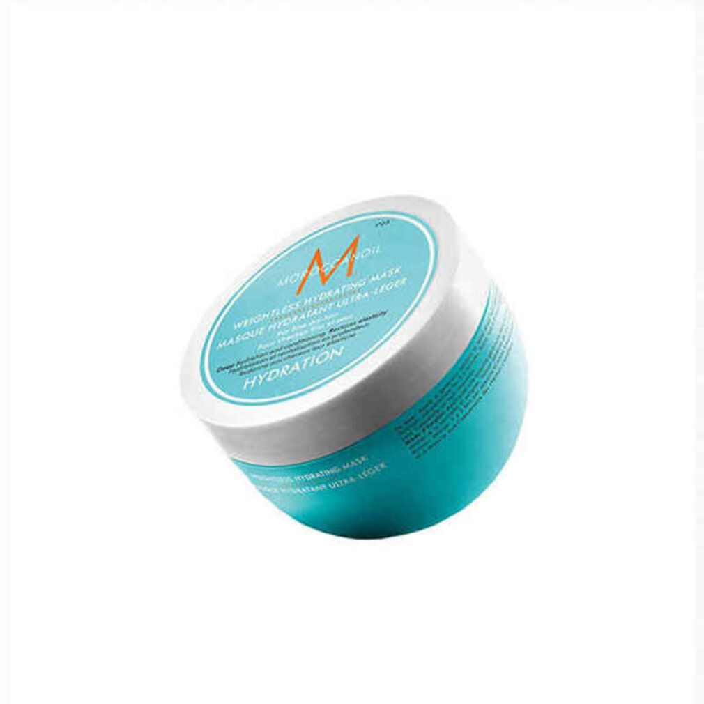Vaso turchese e bianco. Scritta: Moroccanoil, Weightless Hydrating Mask, Masque Hydratant Ultra-Léger, Hydration.