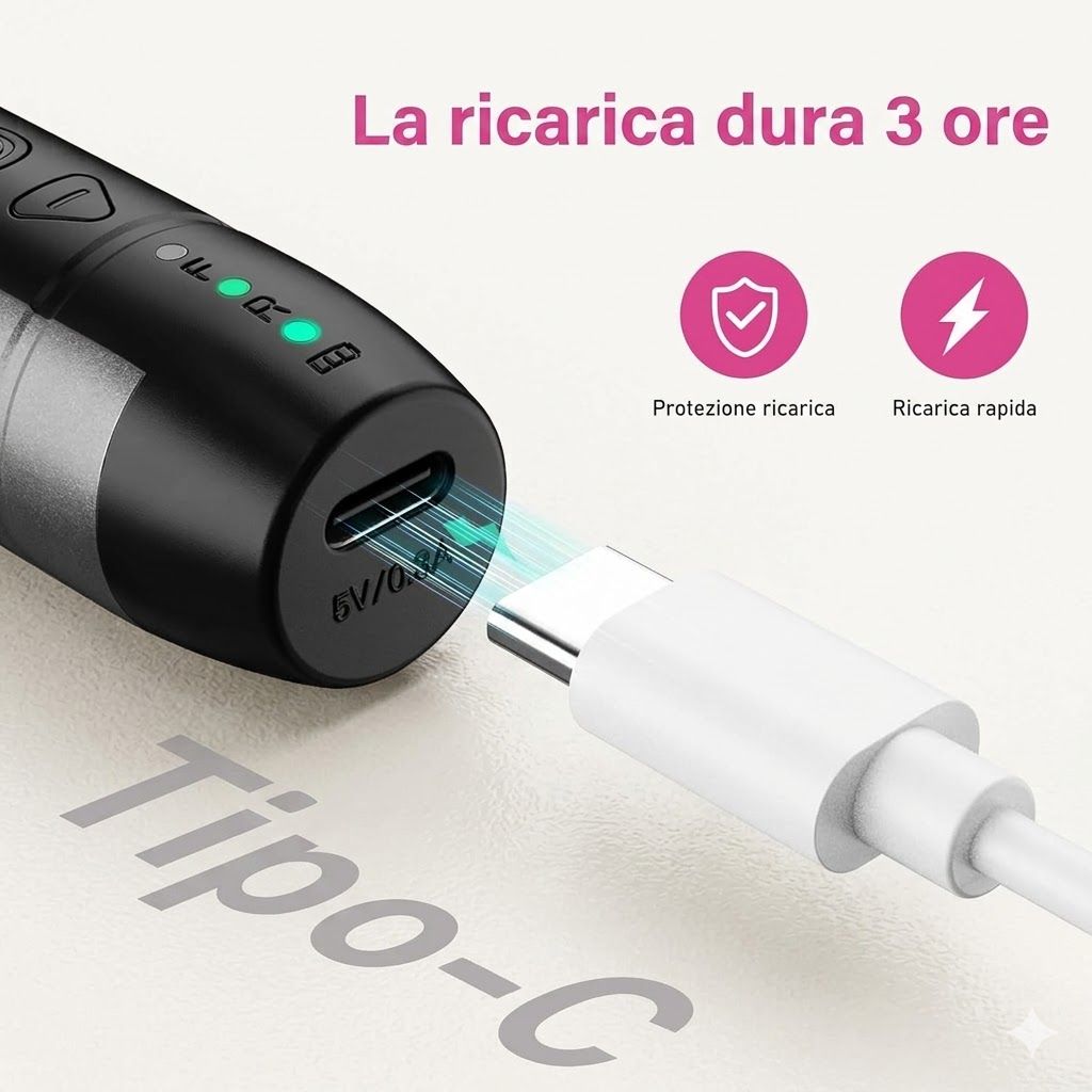Dispositivo per manicure con cavo di ricarica. Porta USB-C. Indicatore di carica.