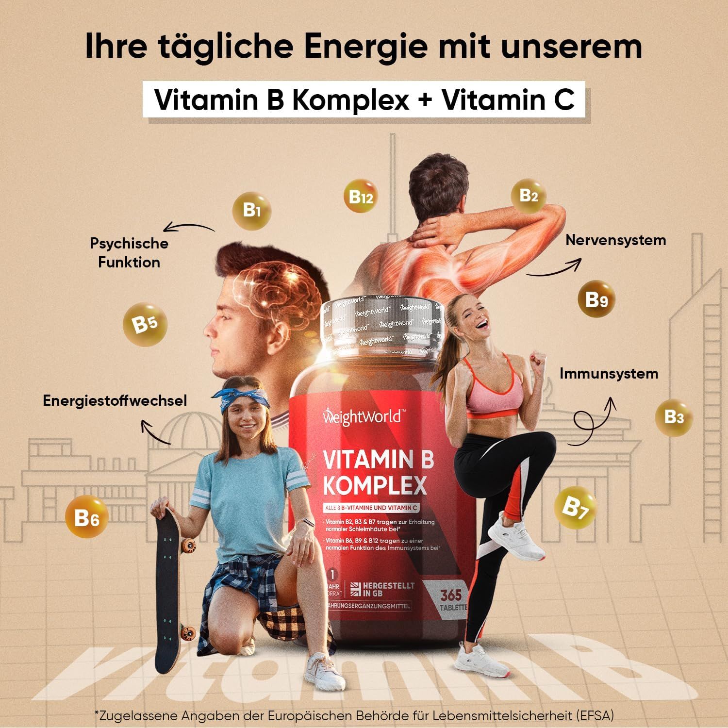 Flacone marrone di WeightWorld Vitamin B Komplex + Vitamina C. Persone in movimento. Testo sui benefici delle vitamine.