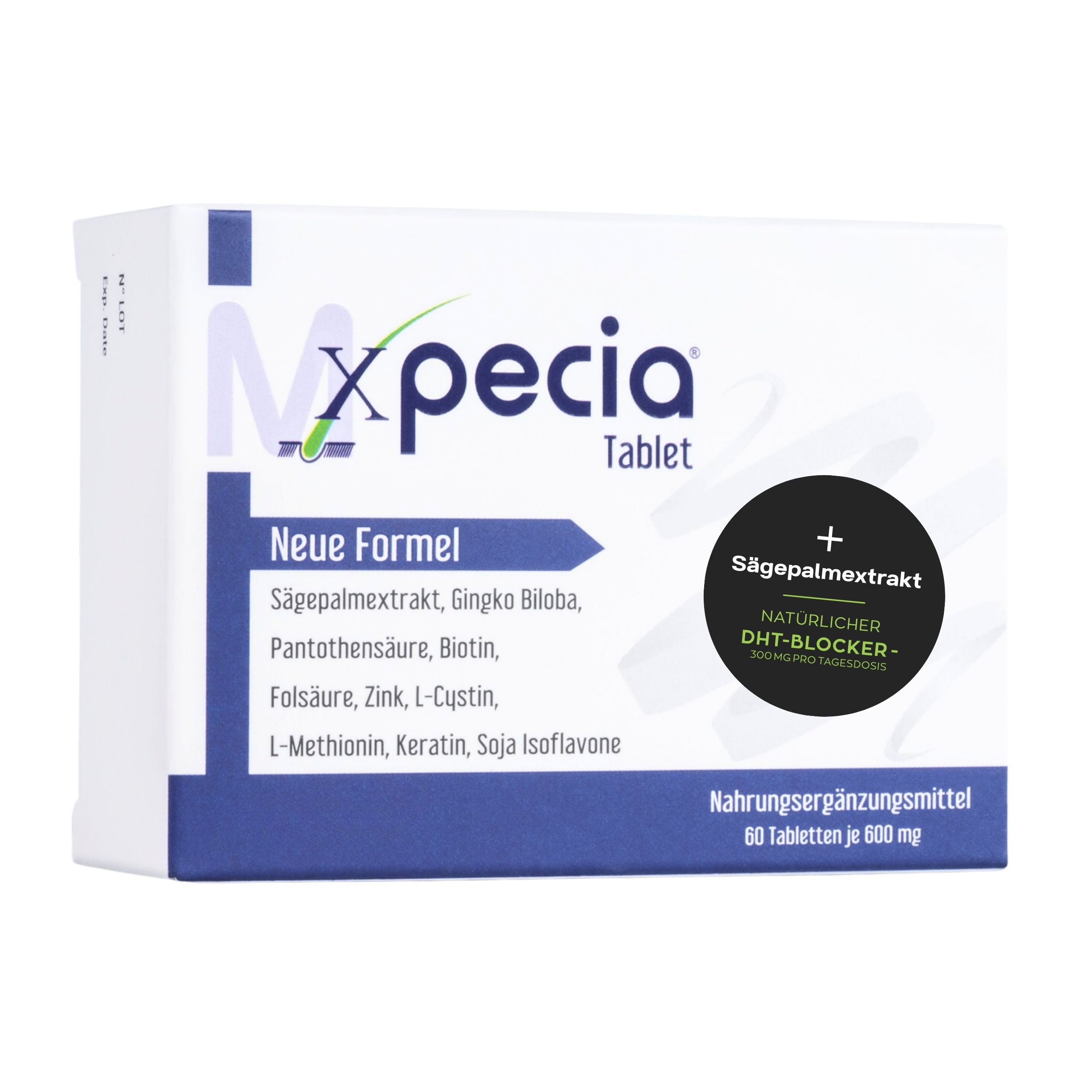 Confezione di compresse Xpecia. Scatola bianca con testo blu. Contiene 60 compresse. Ingredienti: estratto di Serenoa repens, Ginkgo Biloba, ecc.