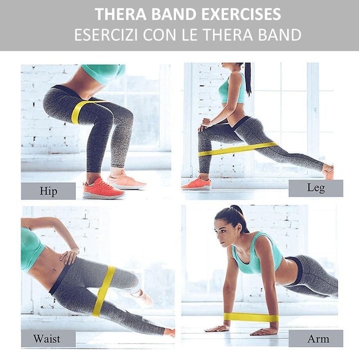 Quattro immagini mostrano esercizi con fasce fitness gialle: sollevamento fianchi, sollevamento gambe, vita e braccia. Testo: Thera Band Exercises, in italiano.