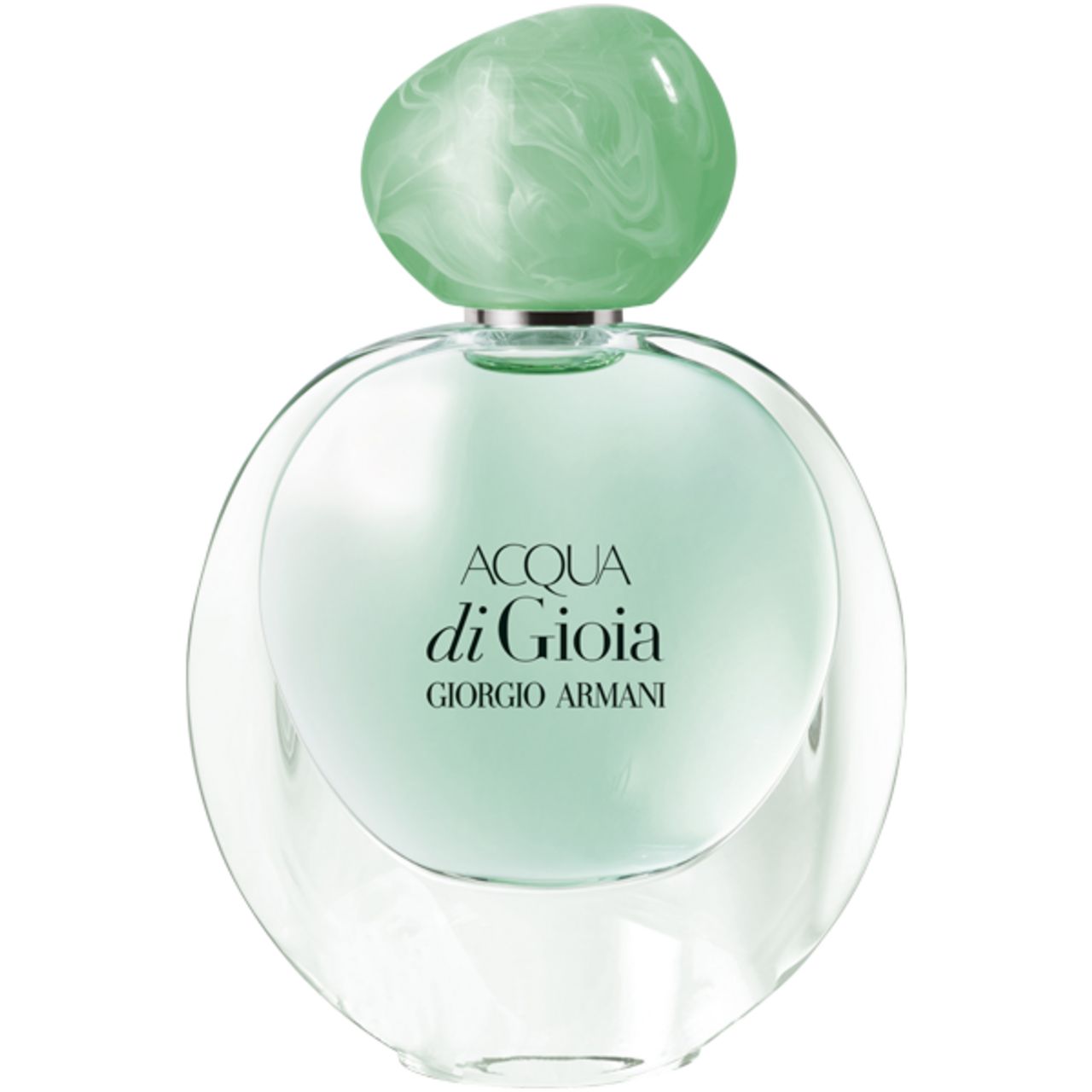 Flacone rotondo in vetro con tappo verde. Scritta: Acqua di Gioia, Giorgio Armani.