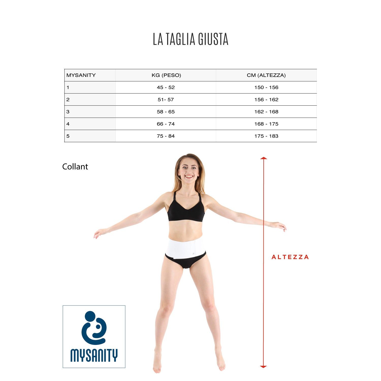 Tabella taglie per collant MYSANITY. Donna davanti alla tabella.