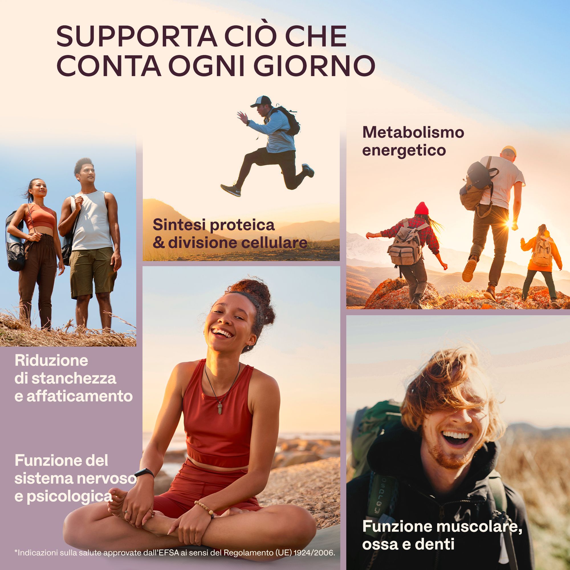 Persone in diverse situazioni. Scritta: Riduzione della stanchezza e dell'affaticamento.