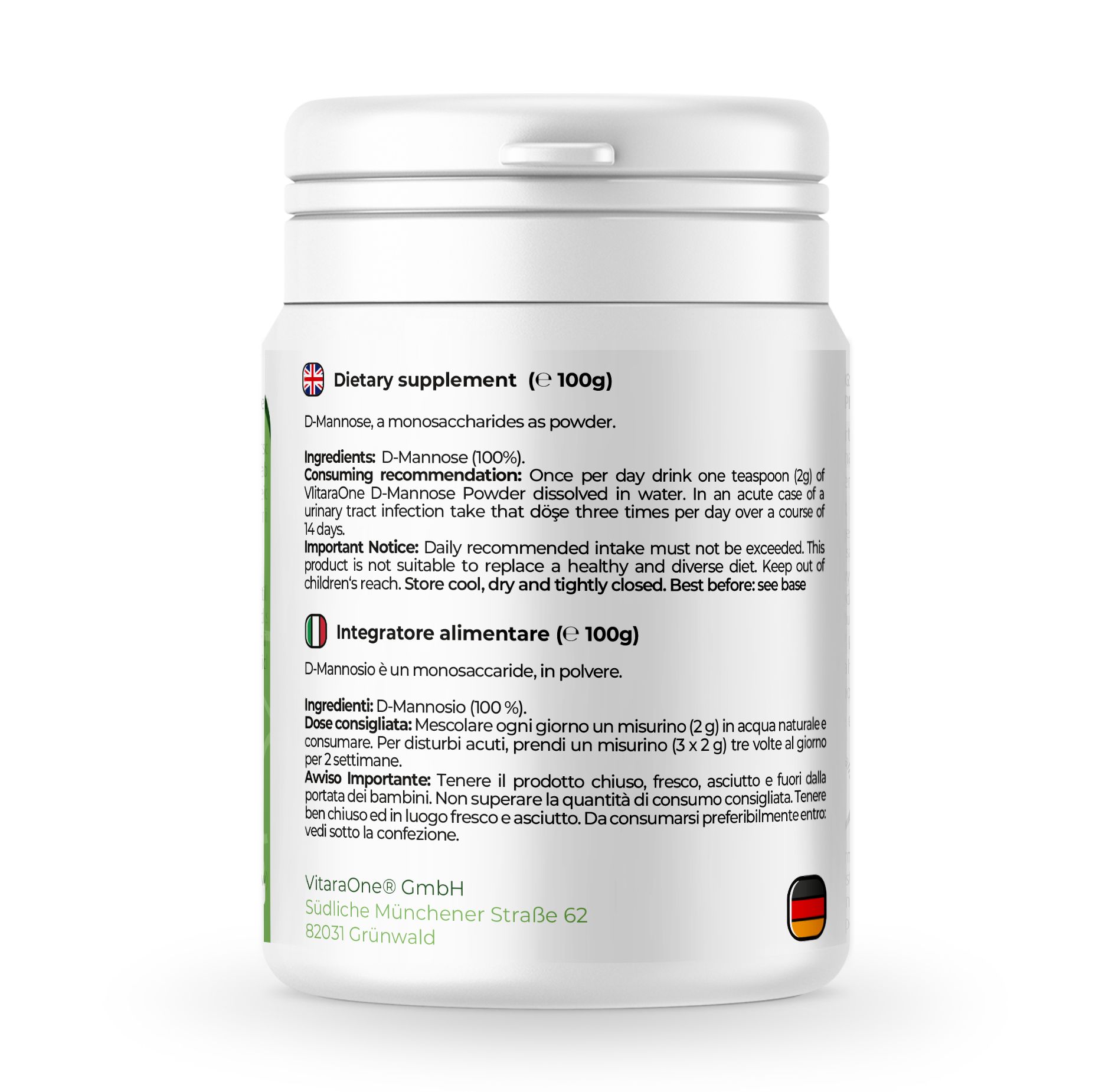 Retro del contenitore bianco. Testo: Integratore alimentare, D-Mannosio, 100g, vegan. Contiene informazioni nutrizionali e raccomandazioni.