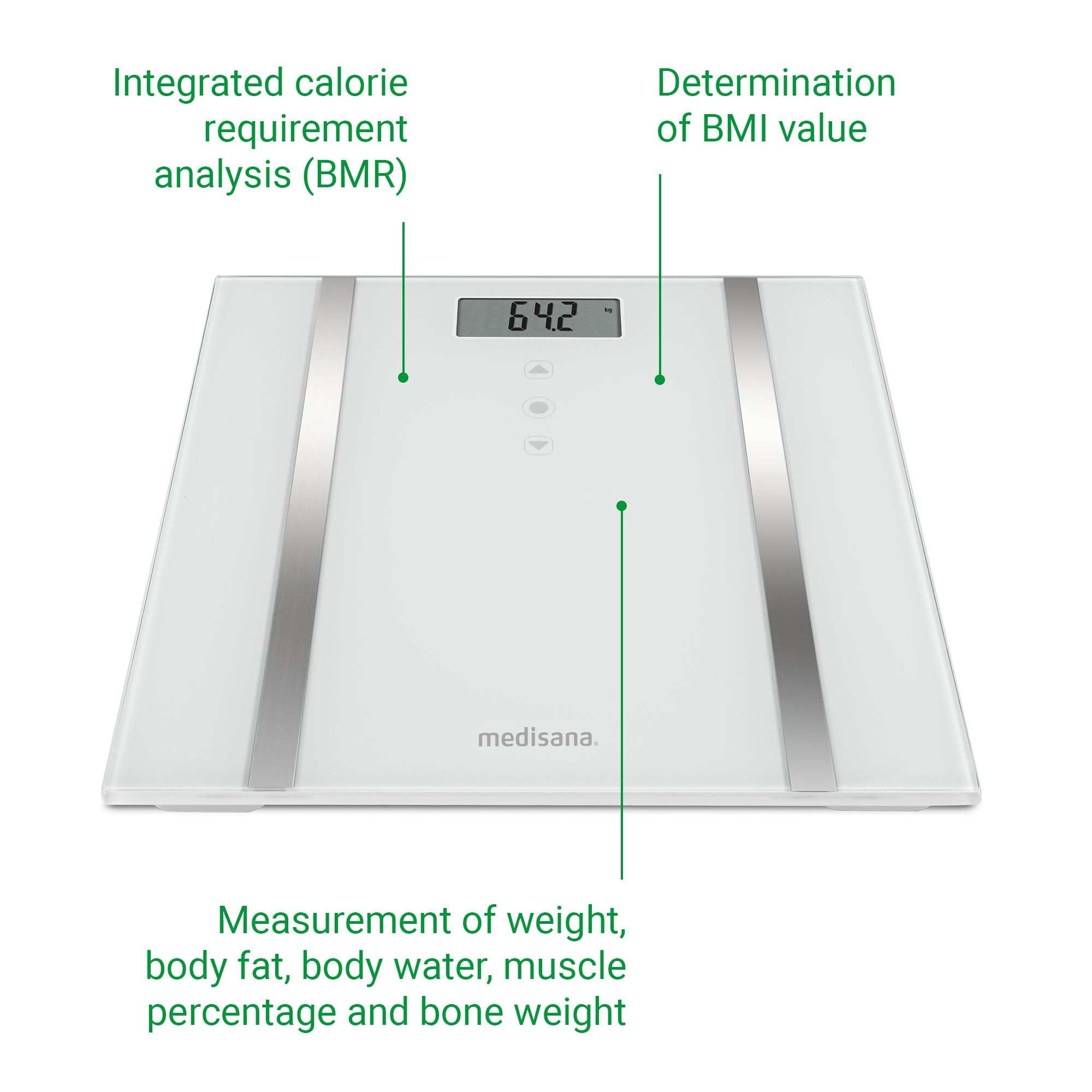 Bilancia per analisi corporea con funzioni: analisi BMR, determinazione BMI, misurazione del peso. Logo 'medisana'.