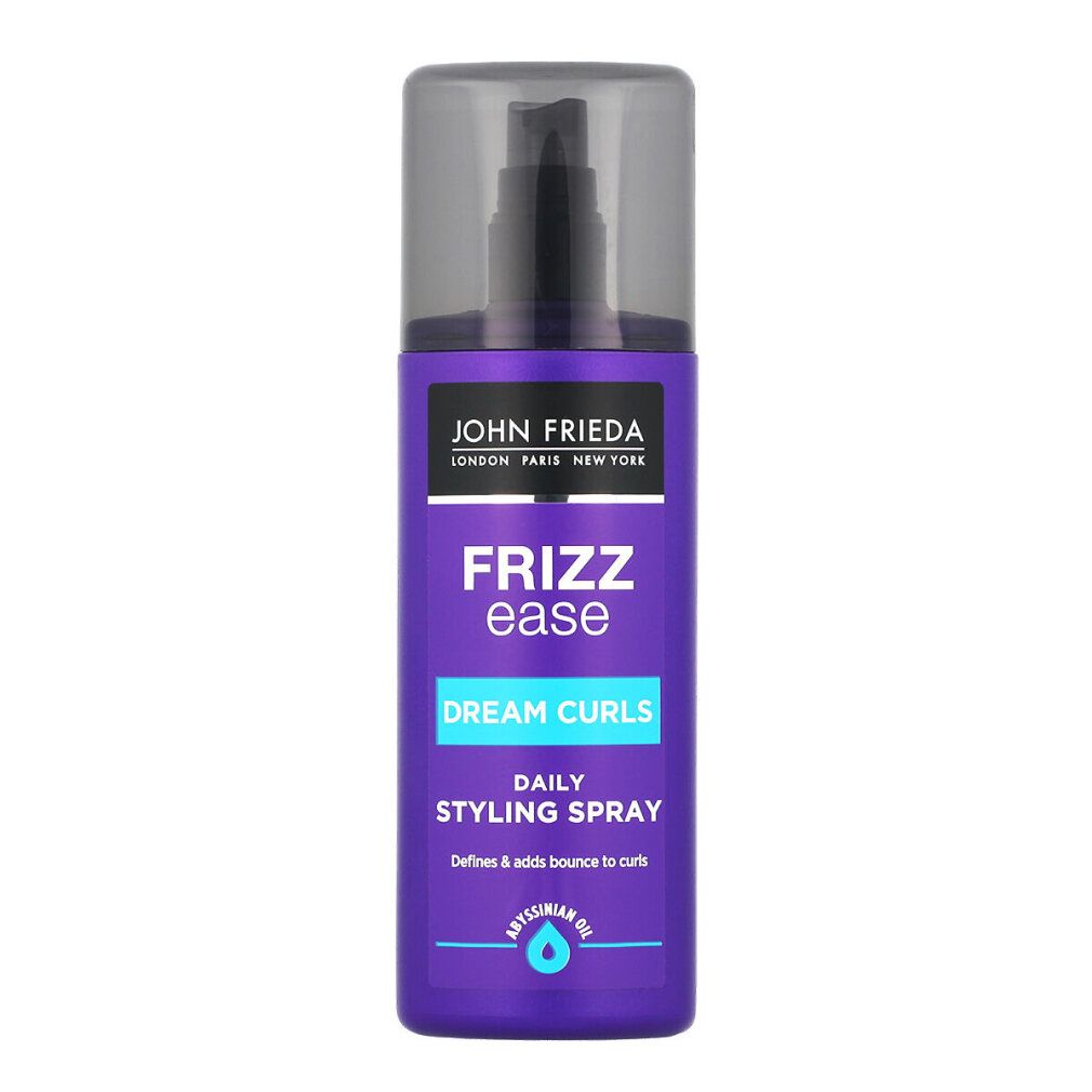 Flacone spray viola con erogatore nero. Scritte: John Frieda, Frizz Ease, Dream Curls, Daily Styling Spray.