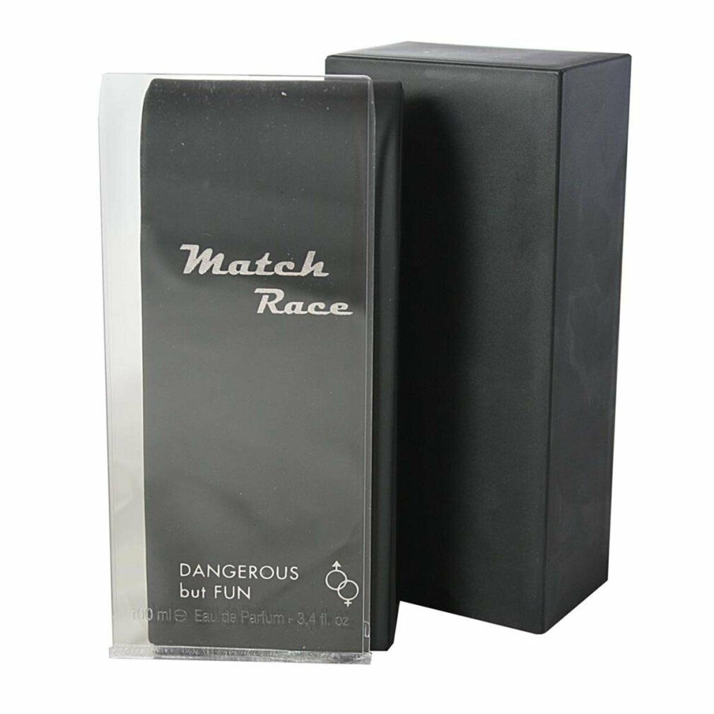 Confezione di profumo nera con pellicola trasparente. Scritta "Match Race", "Dangerous but FUN", "Eau de Parfum", 100 ml.