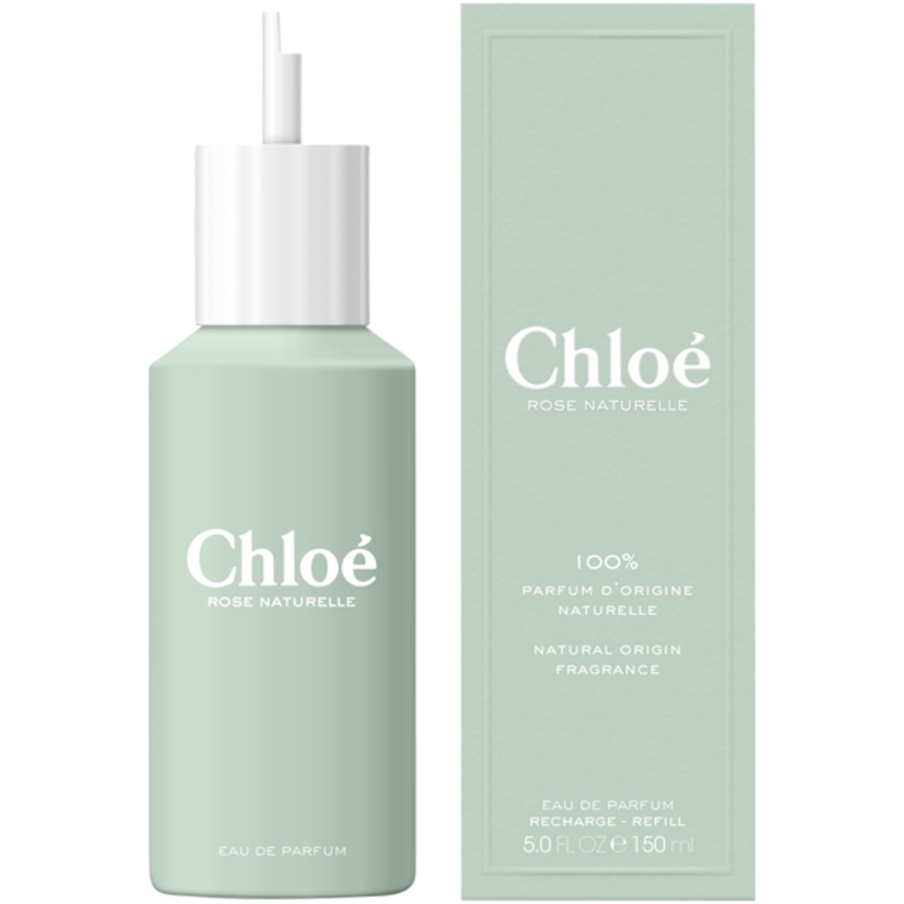 Flacone verde e confezione rettangolare. Scritta: Chloé, Rose Naturelle Intense. 100% Parfum d'origine naturelle.