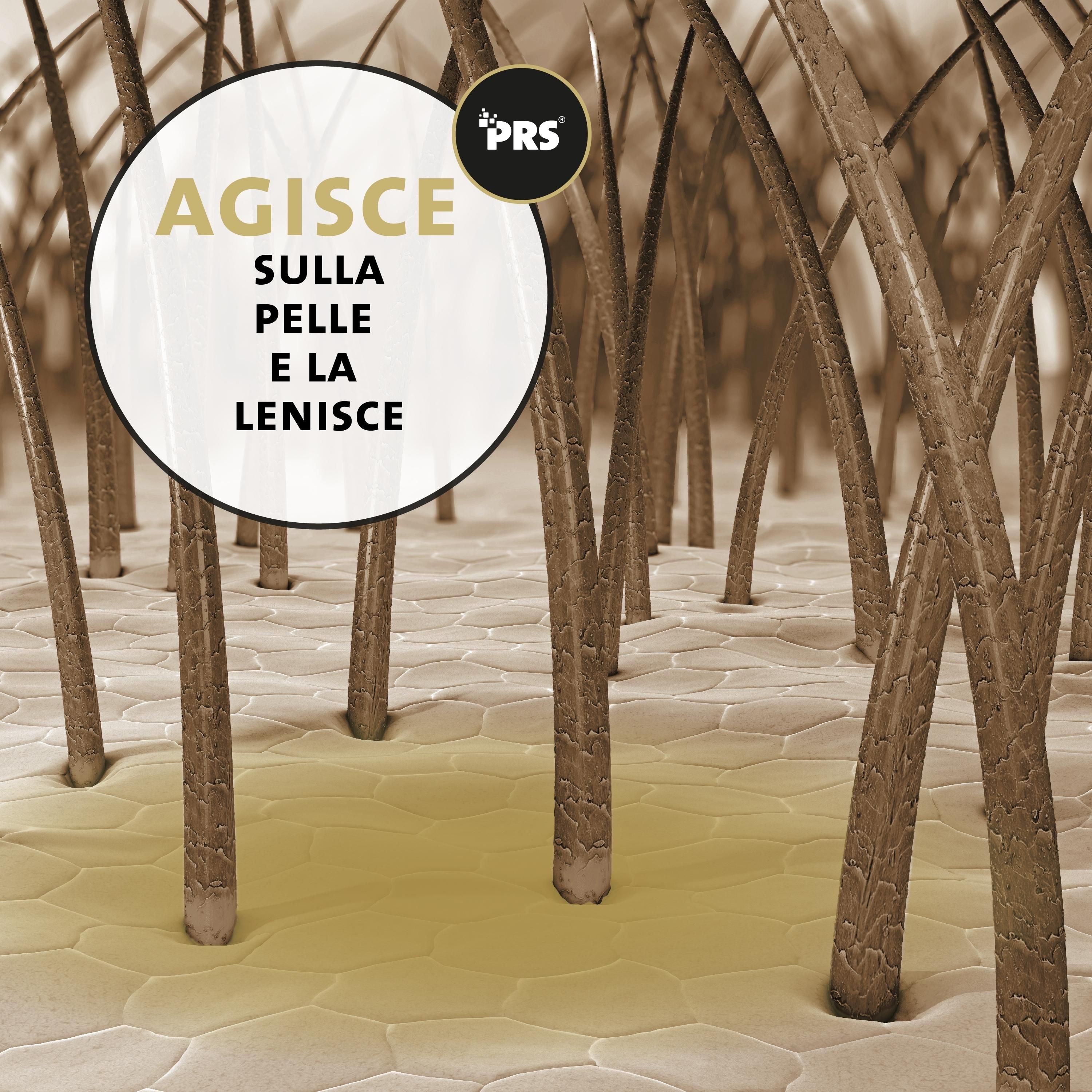 Primo piano dei peli di cavallo. Testo: Agisce sulla pelle e lenisce. Logo PRS.
